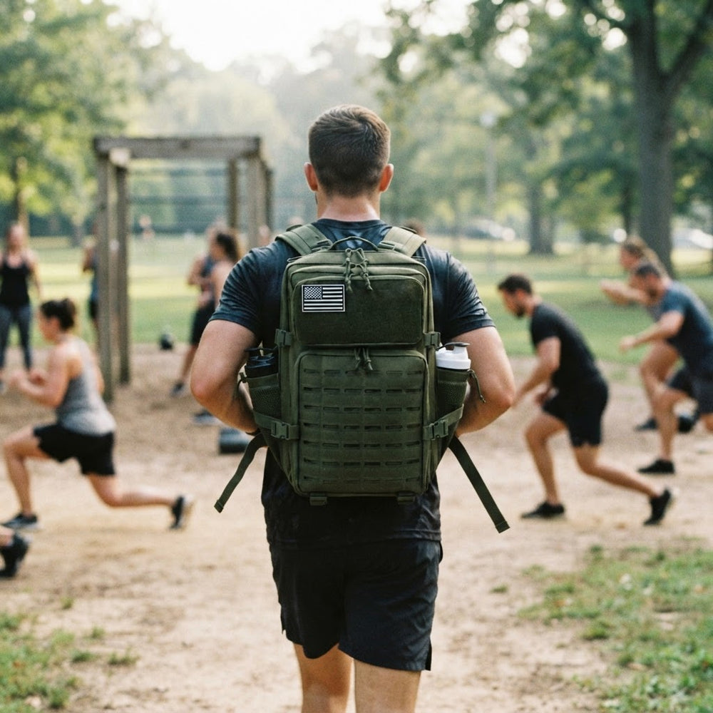 Utøver med en grønn TrailProof på ryggen på bootcamp i parken